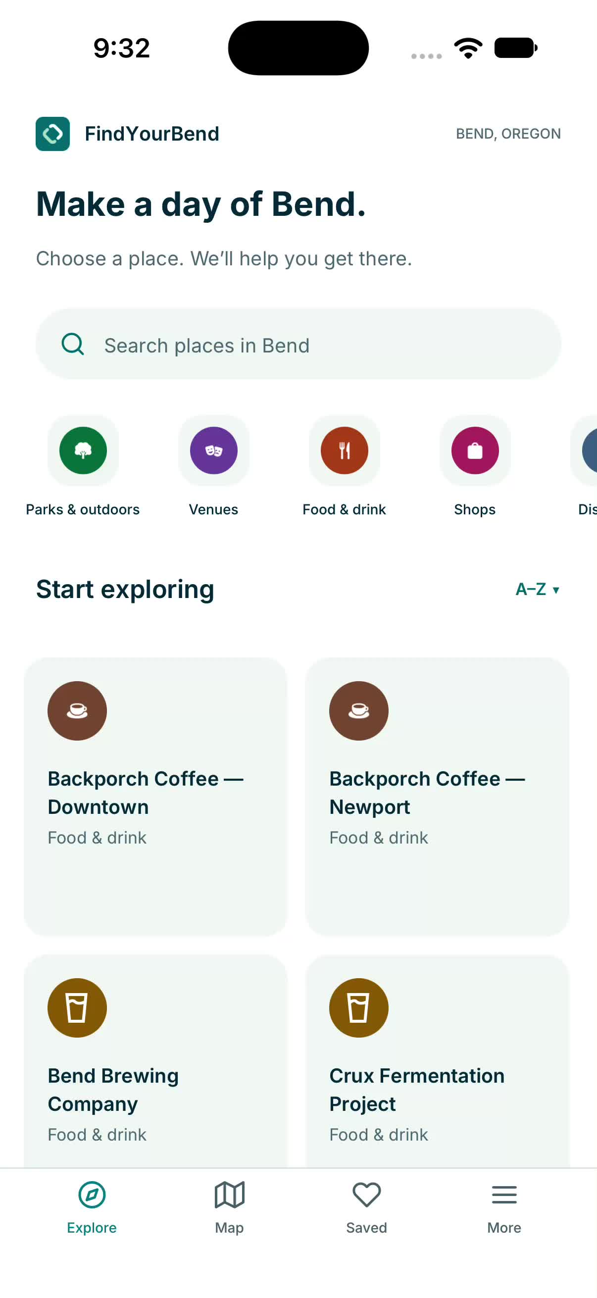Find Your Bend app prototype browse screen