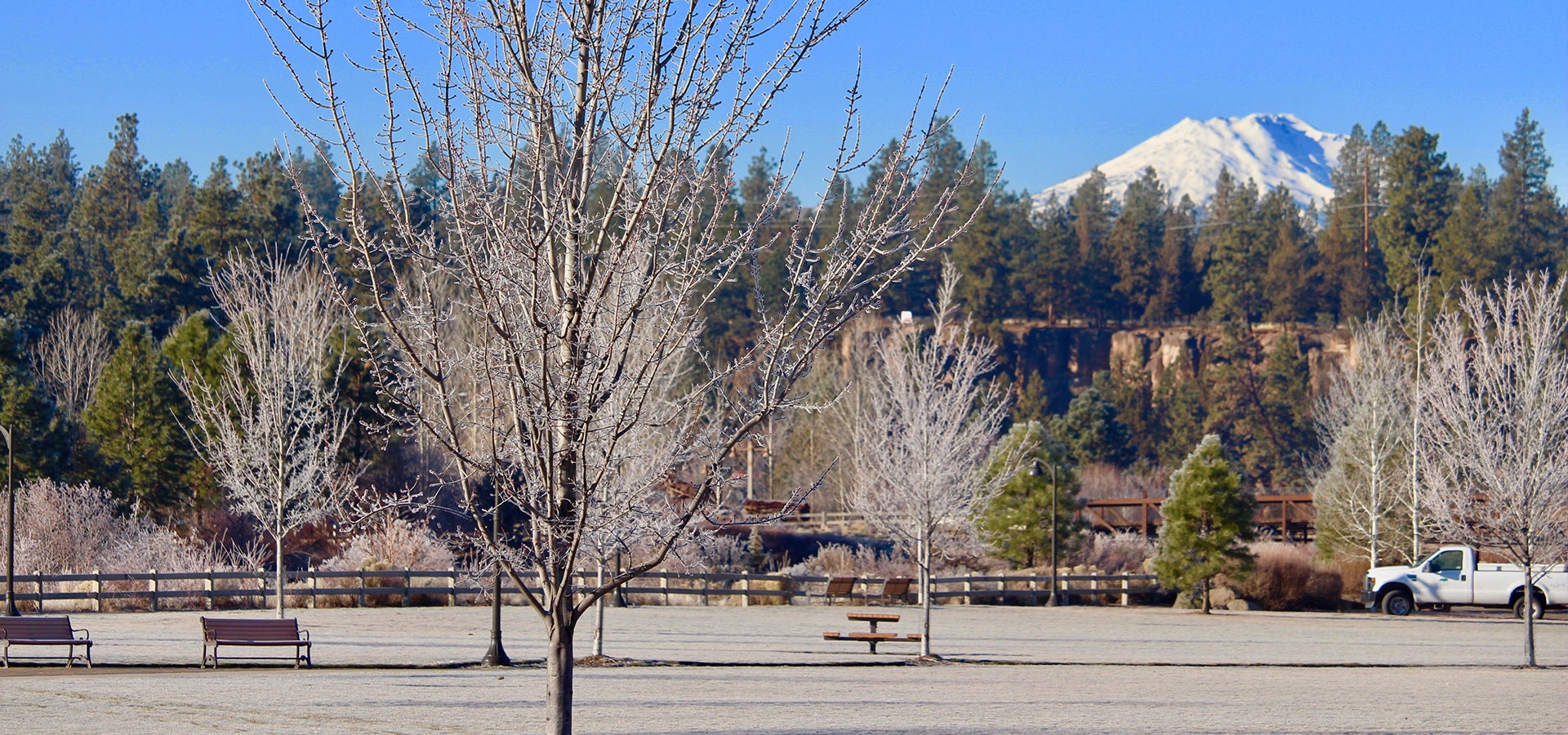 Frosty Riverbend Park with a view of Mount Bachelor