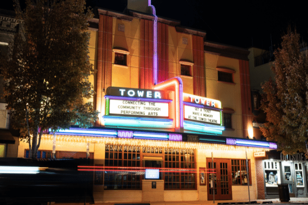 Tower Theatre in Bend photographed at night